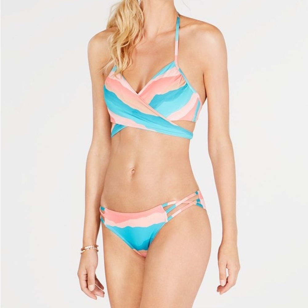 Sundazed for Macys Underwire Wrap Striped Bikini Top & Ruched Bottoms, NWT Med